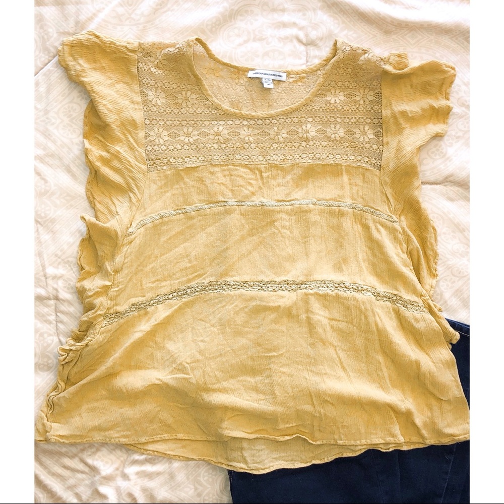 Buttercup Yellow AEO Flutter Sleeve Lace Top Sz XL